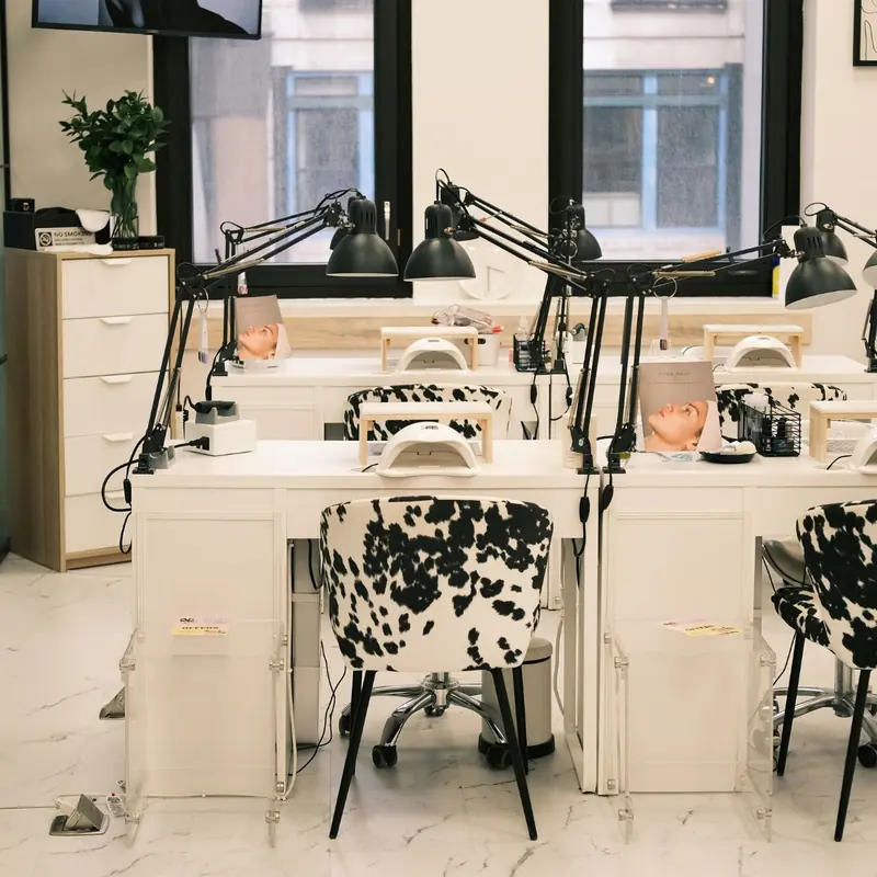Manicure stations inside Darlings Beauty Lab in NoMad