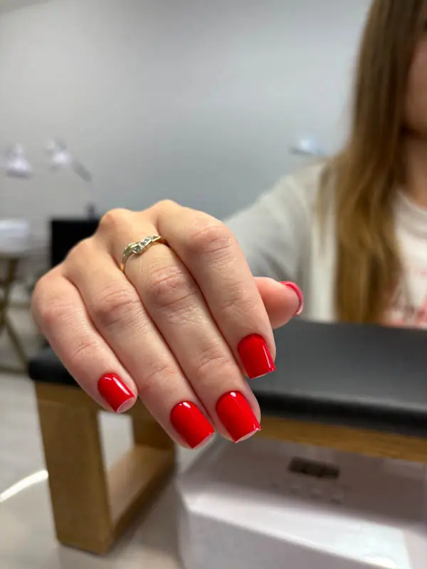 Classic red Russian gel manicure by Elena