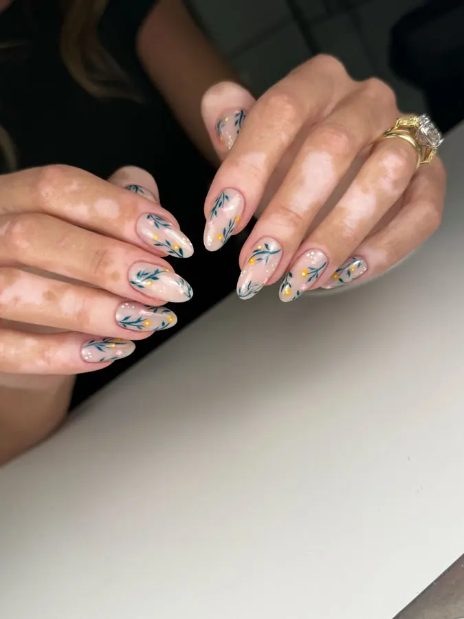 Hard gel manicure with floral nail art by Olha
