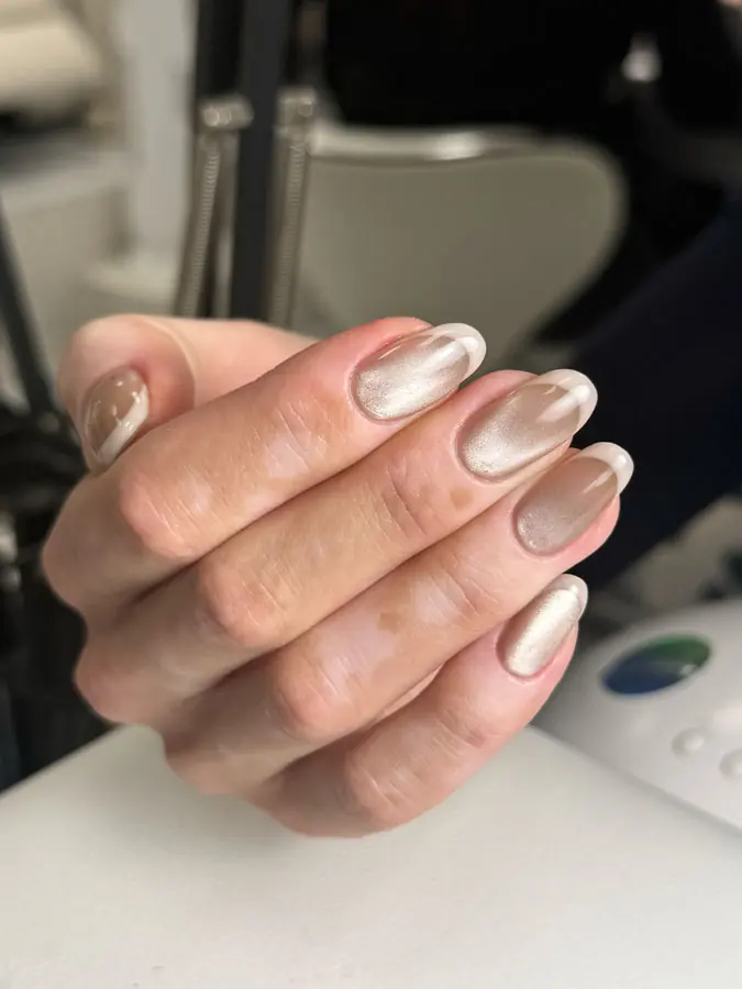 Hard gel French and cat eye manicure by Olha