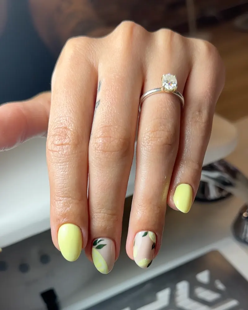Yellow botanical gel nail art by Olya
