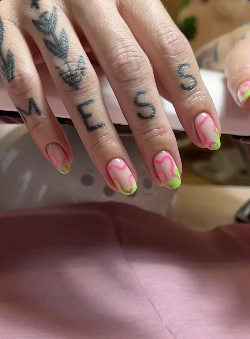 Neon pink and green hard gel nail art by Olya